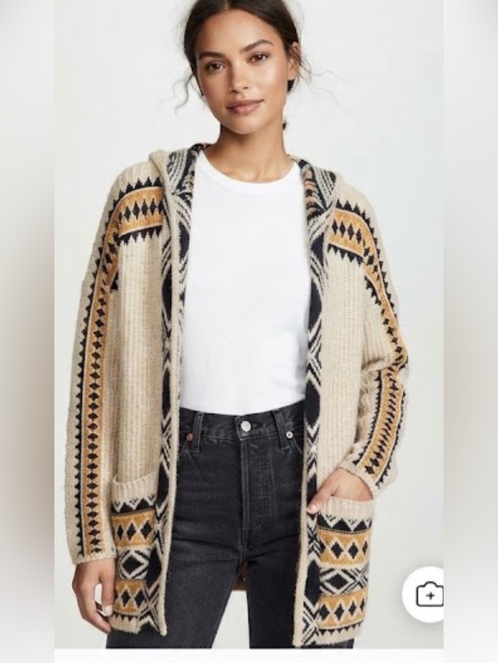 Cozy Hooded Open Cardigan Sweater - Beige with Black & Mustard